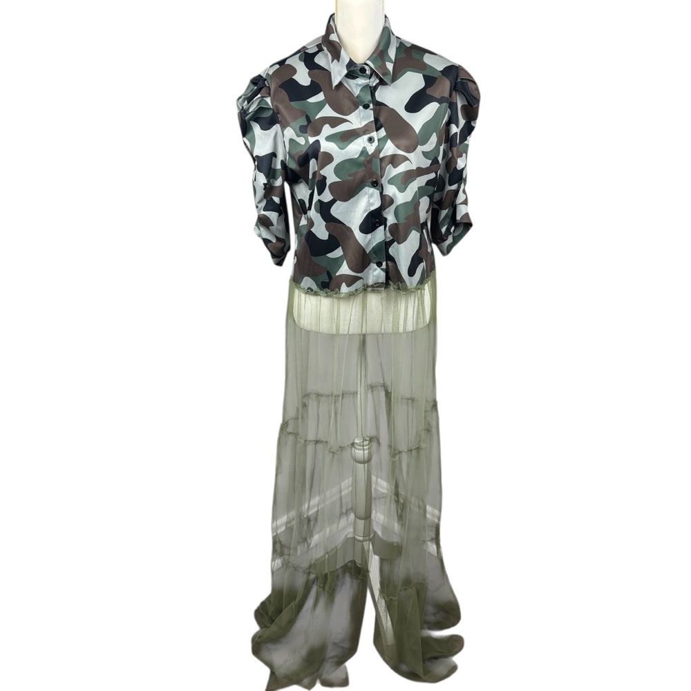 Camouflage Maxi Dress, 2XL, sheer skirt, casual, party, costume, fall, buttons